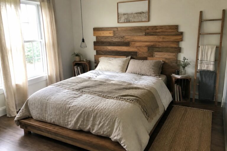 21 Affordable Pallet Projects Made From Salvaged Wood A bedroom featuring a low platform bed and tall headboard made from salvaged wood planks and pallets, with crate-style nightstands beside it.
