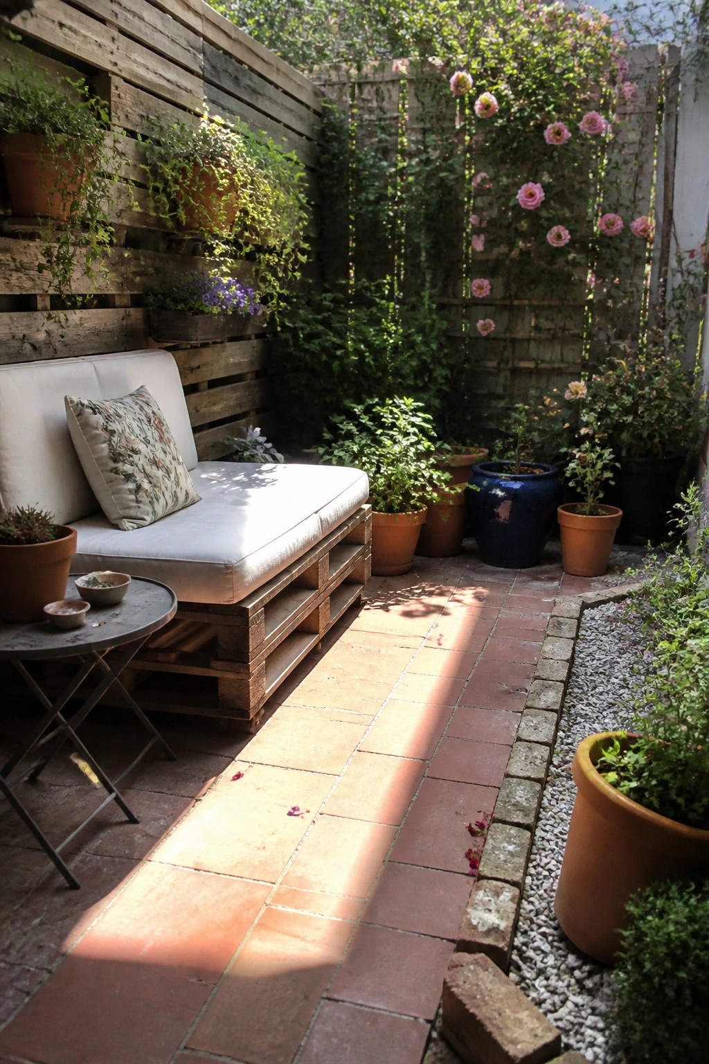 A pallet sofa with white cushions and a floral pillow sits on a brick patio next to potted plants and climbing flowers on a wooden fence.
