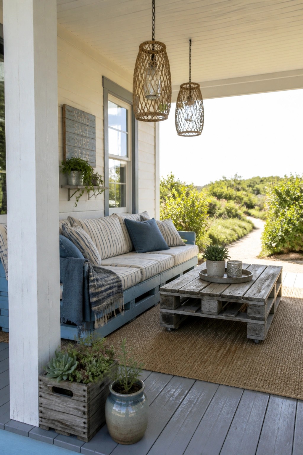 A porch scene showing a blue painted pallet sofa with striped cushions, a matching pallet coffee table on a woven rug, hanging woven light fixtures, and potted plants in wooden crates.