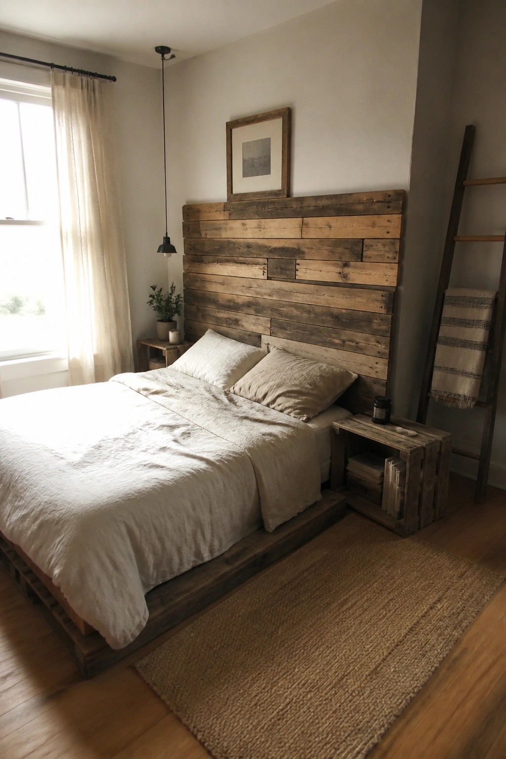 A bedroom featuring a low platform bed and tall headboard made from salvaged wood planks and pallets, with crate-style nightstands beside it.