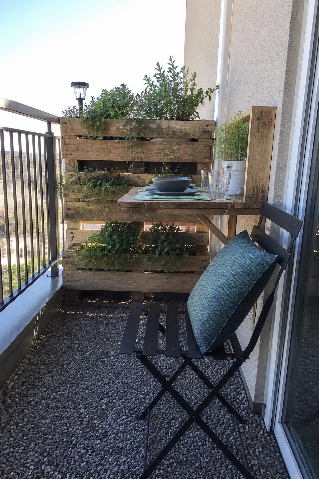 A gravel-floored balcony features a tall wooden pallet planter filled with green plants, a small attached wooden table holding dishes and glasses, and a black metal folding chair with a blue cushion.