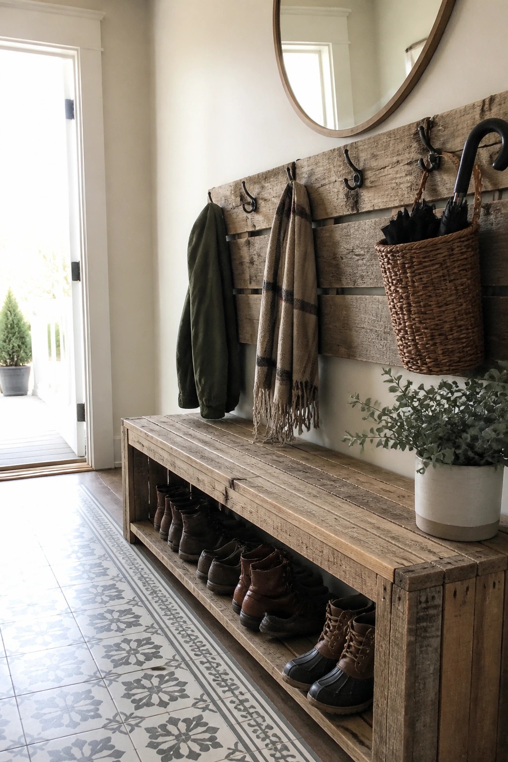 Rustic wooden bench with boot storage, coat hooks holding jacket and scarf, round mirror above.