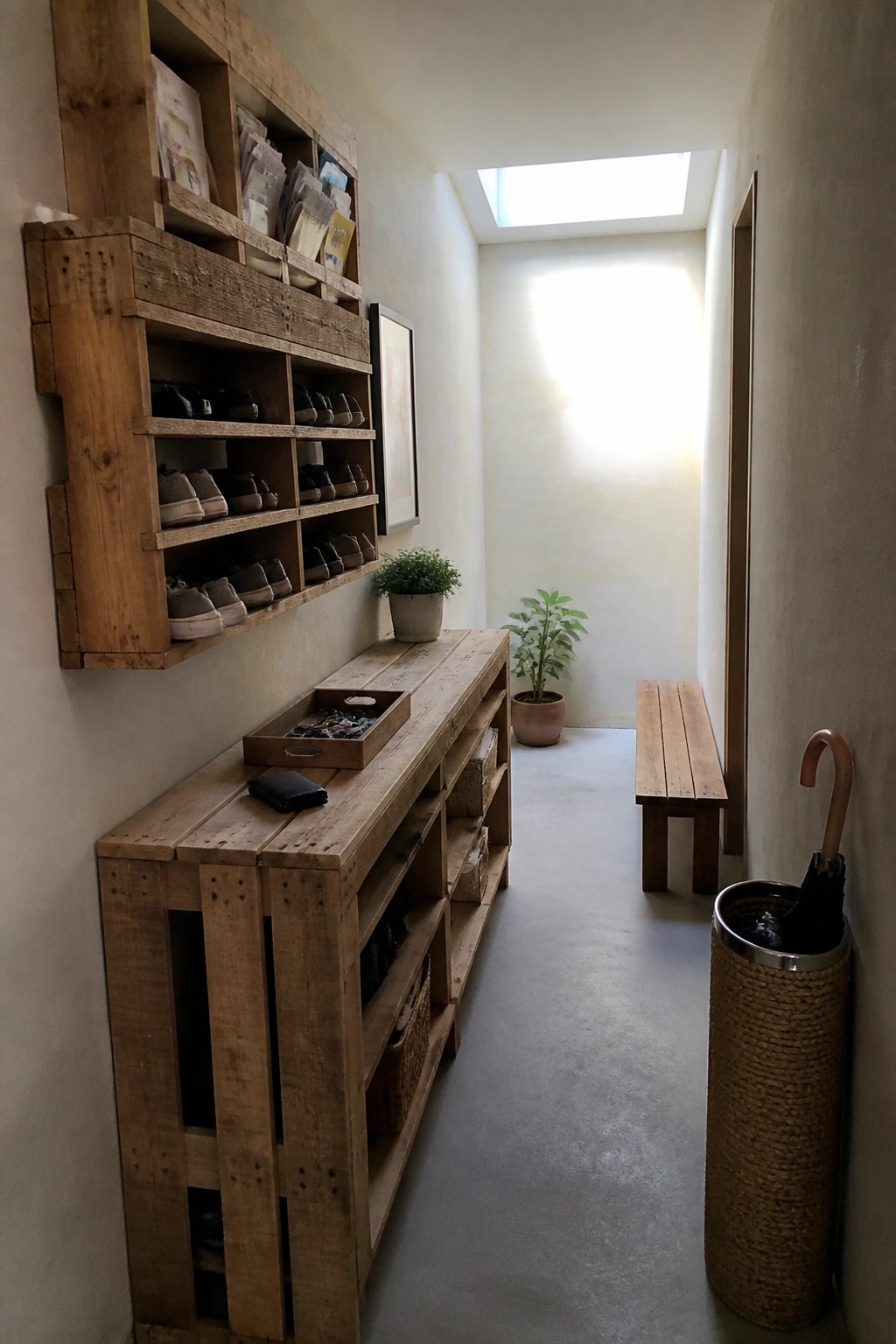 A narrow interior hallway with a wall-mounted wooden pallet shoe rack, a long pallet console table holding a tray and basket, a wooden bench, potted plants, and a woven umbrella stand.