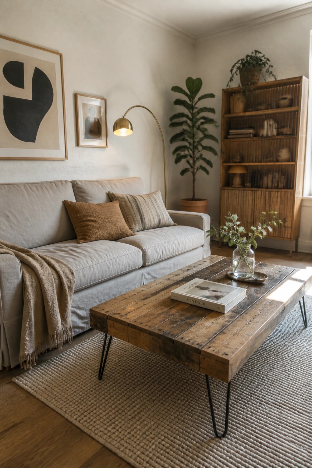 A living room with a light gray sofa, a rustic wooden coffee table on black hairpin legs, and a woven beige rug.