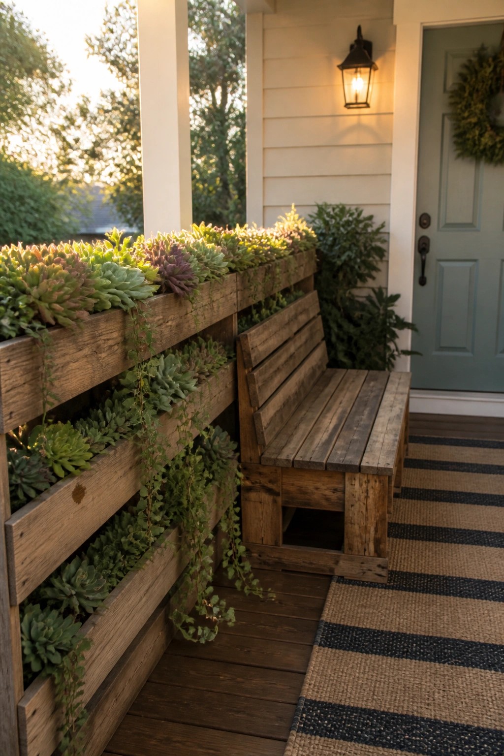 Wooden pallets stacked into a vertical planter filled with succulents on a porch next to a pallet bench.
