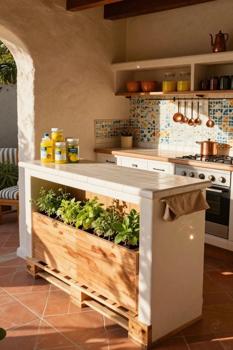 Rustic kitchen island with white tile top and built-in herb planter