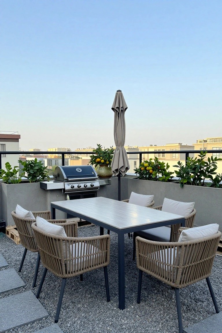 Rooftop patio with dining table, wicker chairs, built-in grill, umbrella, and potted plants