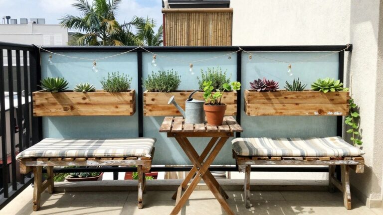 Rustic pallet bench with striped cushions, succulent planters, and string lights on balcony