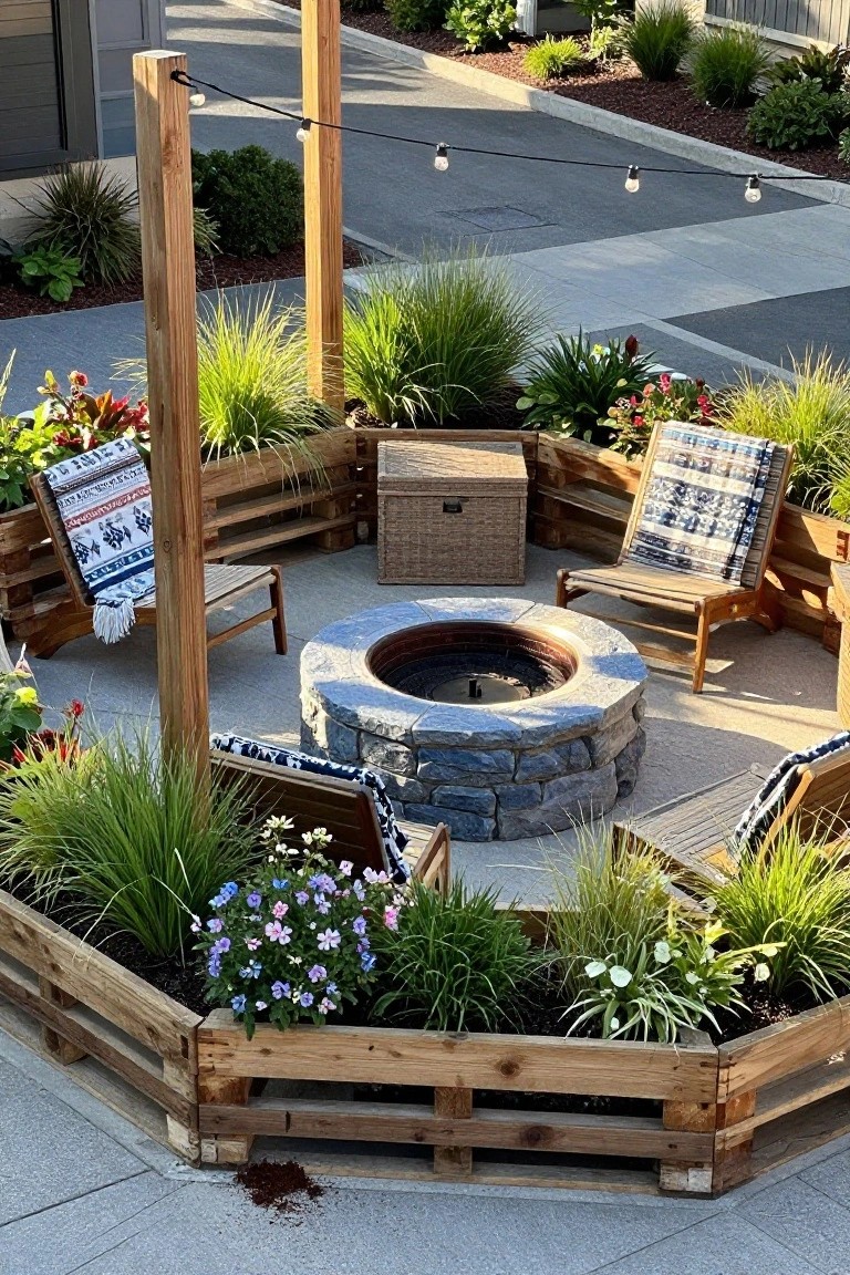 Wooden pallet planter boxes arranged in a circle around a stone fire pit on a concrete patio, with pallet seating and string lights overhead.