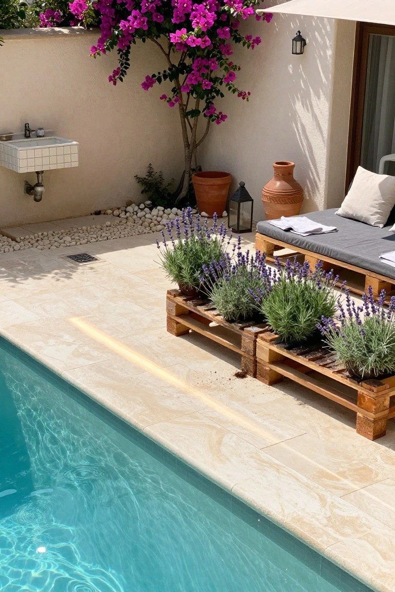 Poolside patio with pallet lounge chair, lavender plants, and pink bougainvillea by turquoise pool