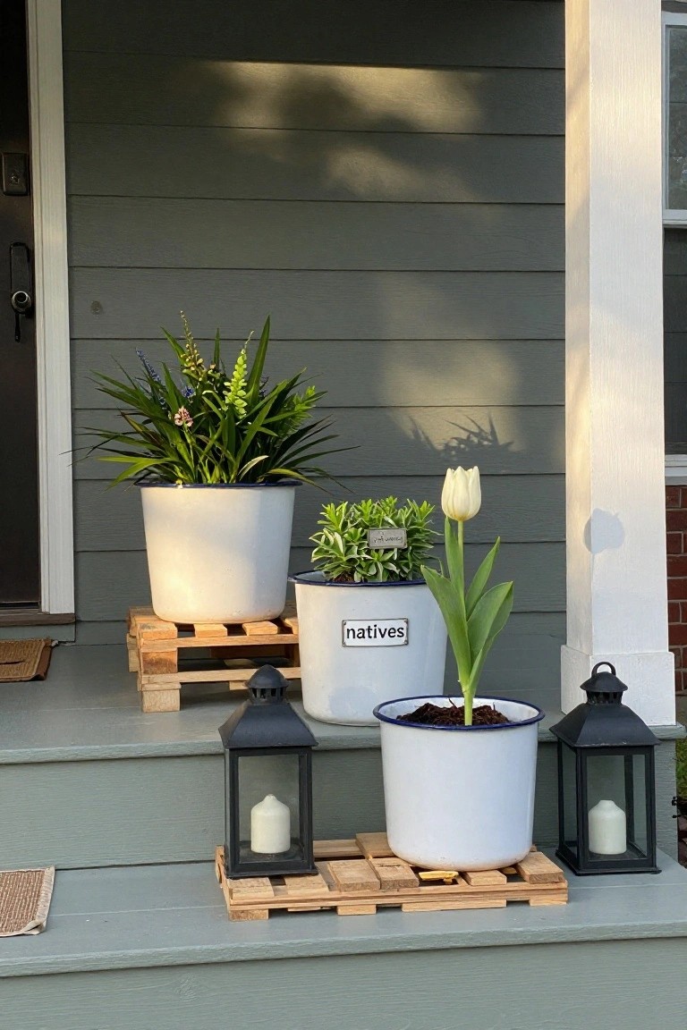 White enamel planter boxes with flowers and a tulip rest on wooden pallets on gray house steps beside two black lanterns.