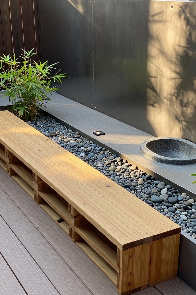 A low wooden pallet bench sits beside a long bed of gray pebbles with a tall green plant and a round stone basin against a dark metal wall.