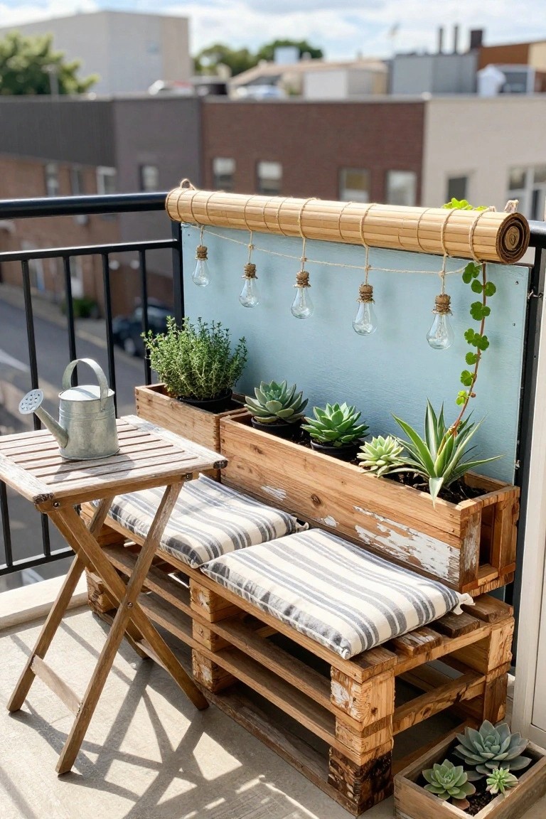 Rustic pallet bench with striped cushions, succulent planters, and string lights on balcony