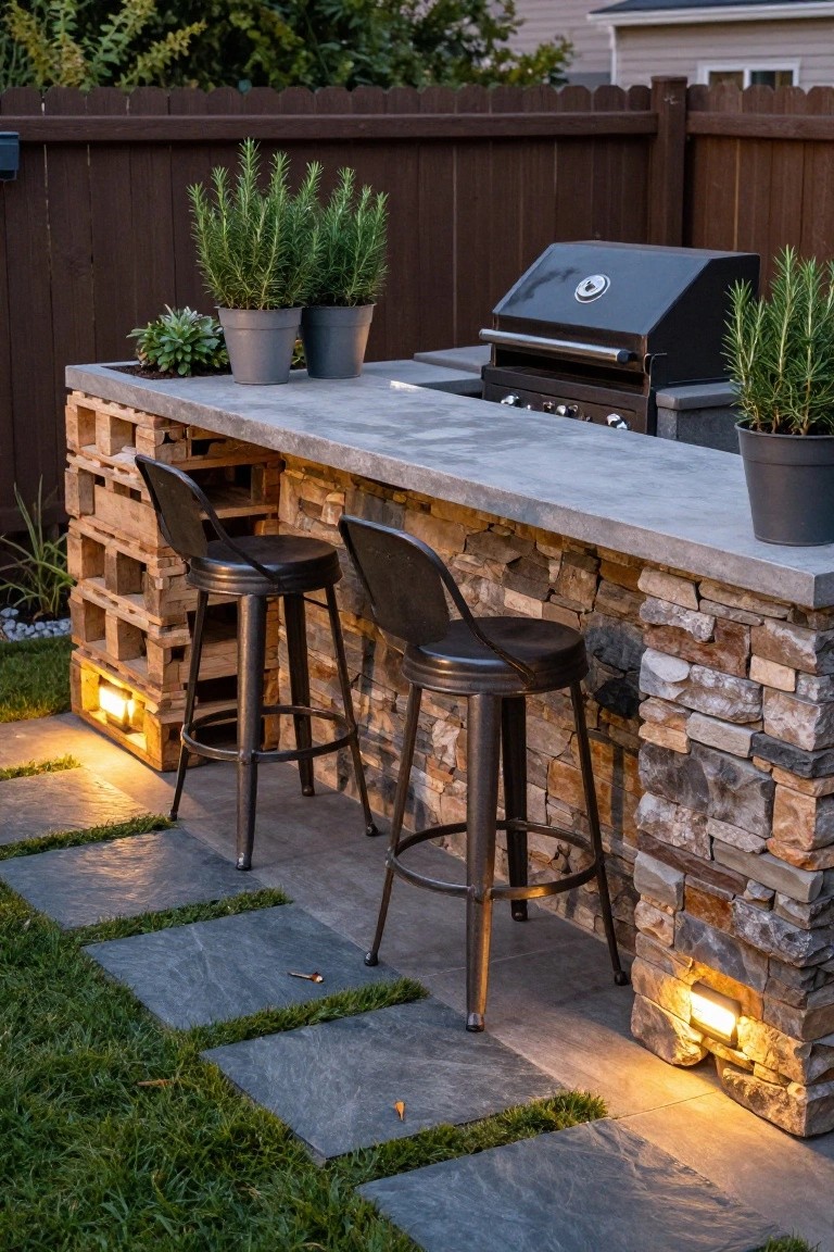 Outdoor bar with concrete top, stone base, two black stools, and grill