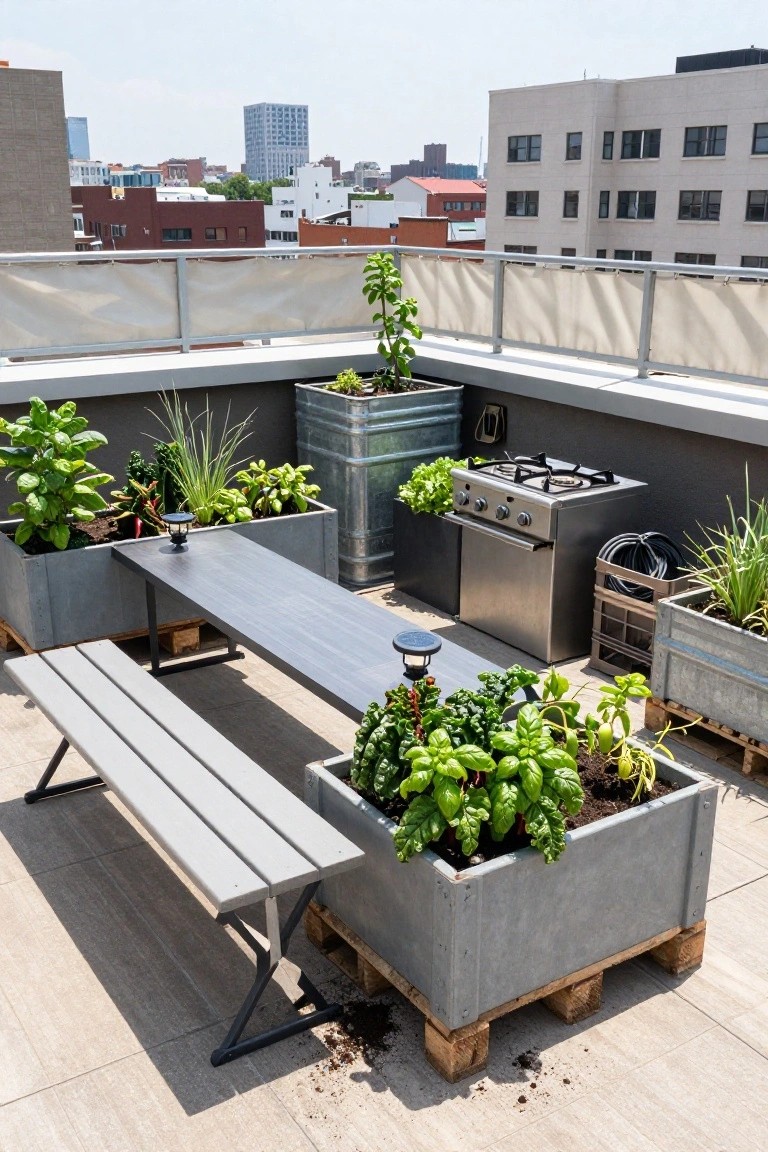 A rooftop terrace with a long gray table and bench flanked by large metal planter boxes on wooden pallets, filled with leafy vegetables and herbs, beside a stainless steel outdoor grill.