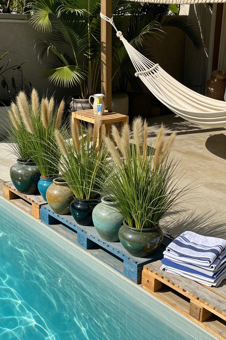 A line of potted grasses in ceramic pots rests on blue wooden pallets along the tiled edge of a swimming pool, with a white hammock in the background.