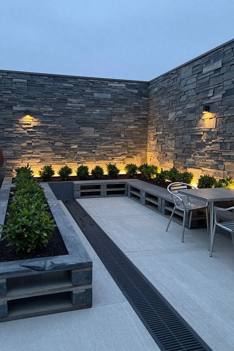 Modern patio with stone walls, built-in benches, green plants, and dining table