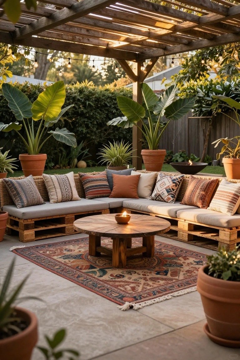 Wooden pallet sectional sofa with cushions on a patio, surrounded by potted plants, a round wooden table, and string lights overhead.