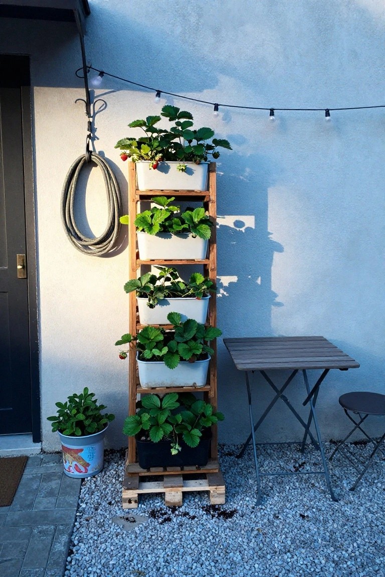 A vertical wooden pallet structure holding several white and black planter boxes with strawberry plants on a gravel patio.