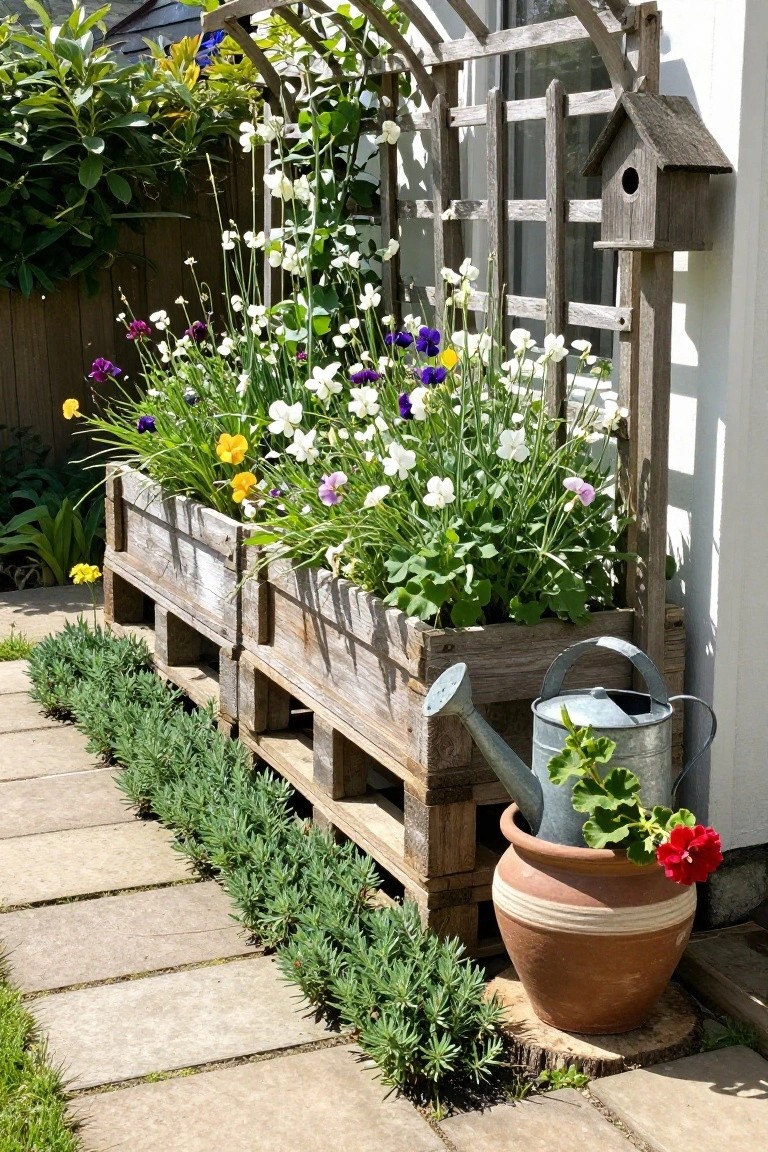 A long wooden pallet planter box filled with white, purple, and yellow flowers stands beside a stone path with a watering can in a clay pot nearby.