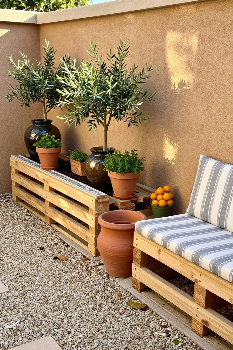 Wooden pallets form a low planter against a stucco wall on a gravel patio, holding several terracotta pots with olive trees and herbs, next to a pallet bench with striped cushions.