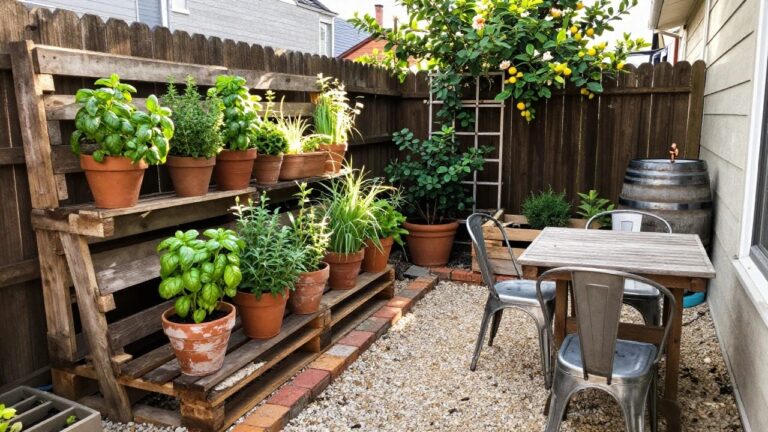 20 Creative Pallet Garden Ideas for Small Backyard Growing Spaces A backyard scene showing wooden pallets stacked and leaned to form multi-level stands filled with terracotta pots of herbs and plants, beside a wooden raised bed and a blooming rose bush.