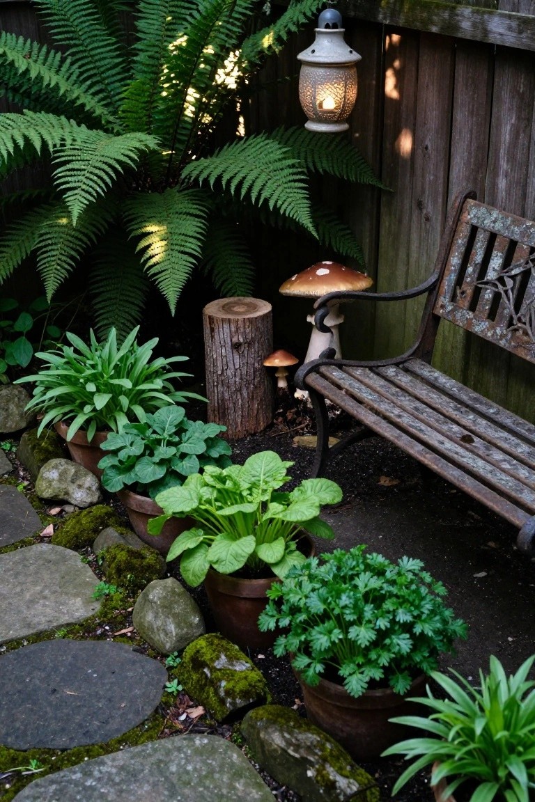 A small garden area with potted plants, moss-covered stones, ferns, a wooden bench, a tree stump, and a hanging lantern against a fence.