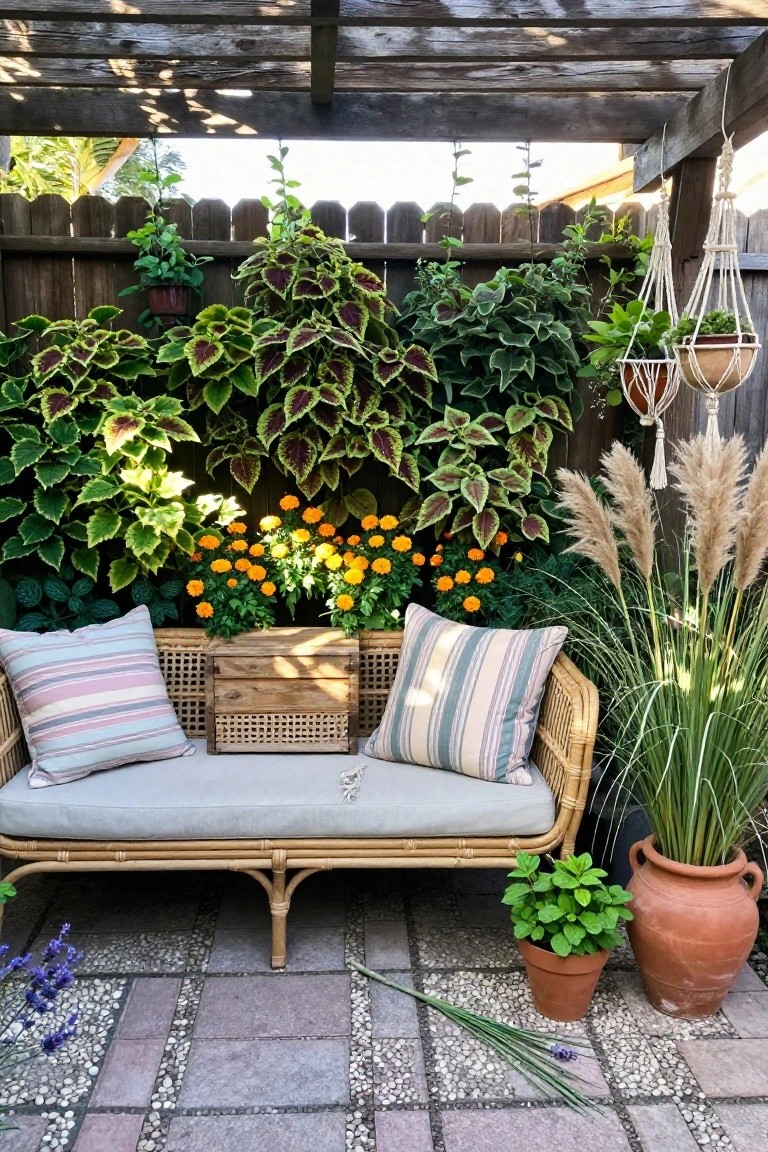 Wicker bench with striped pillows before lush plant wall and orange flowers on patio