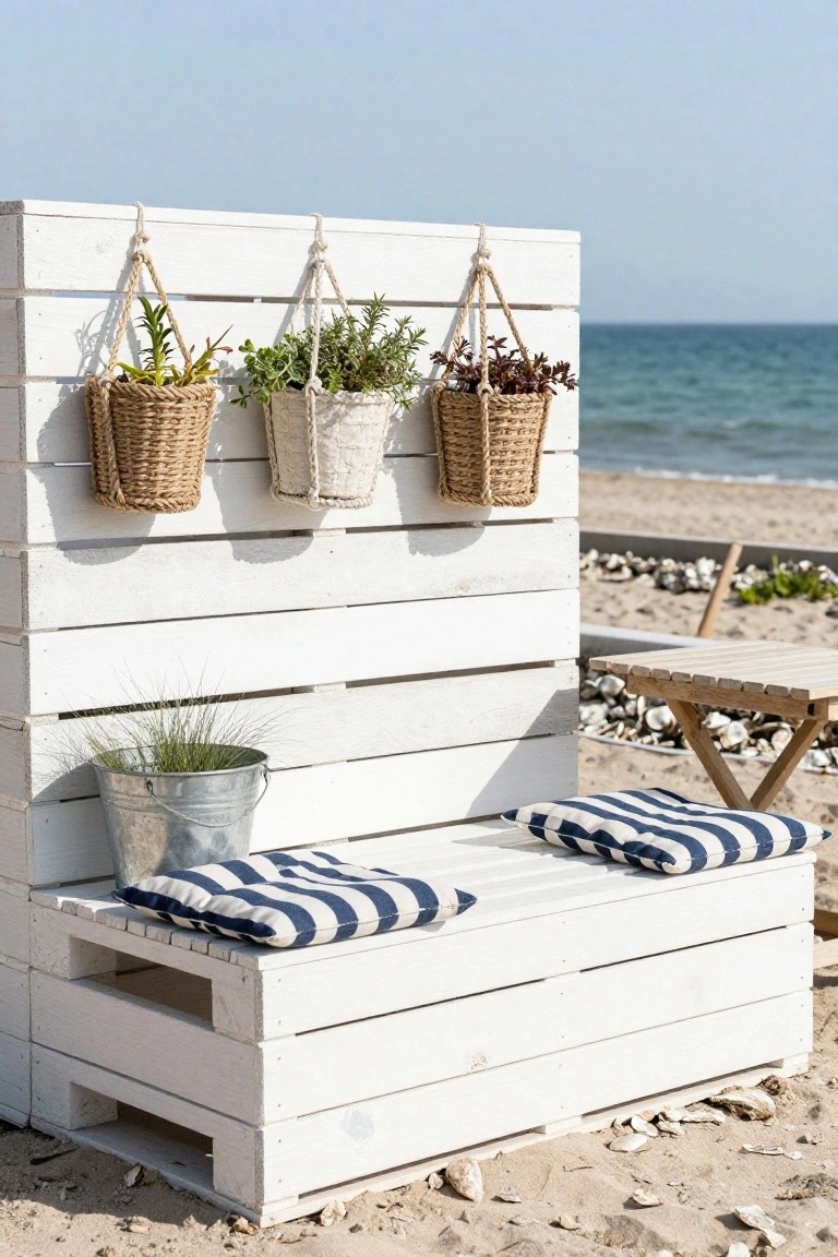 White pallet bench on beach with striped cushions and hanging plant baskets by ocean