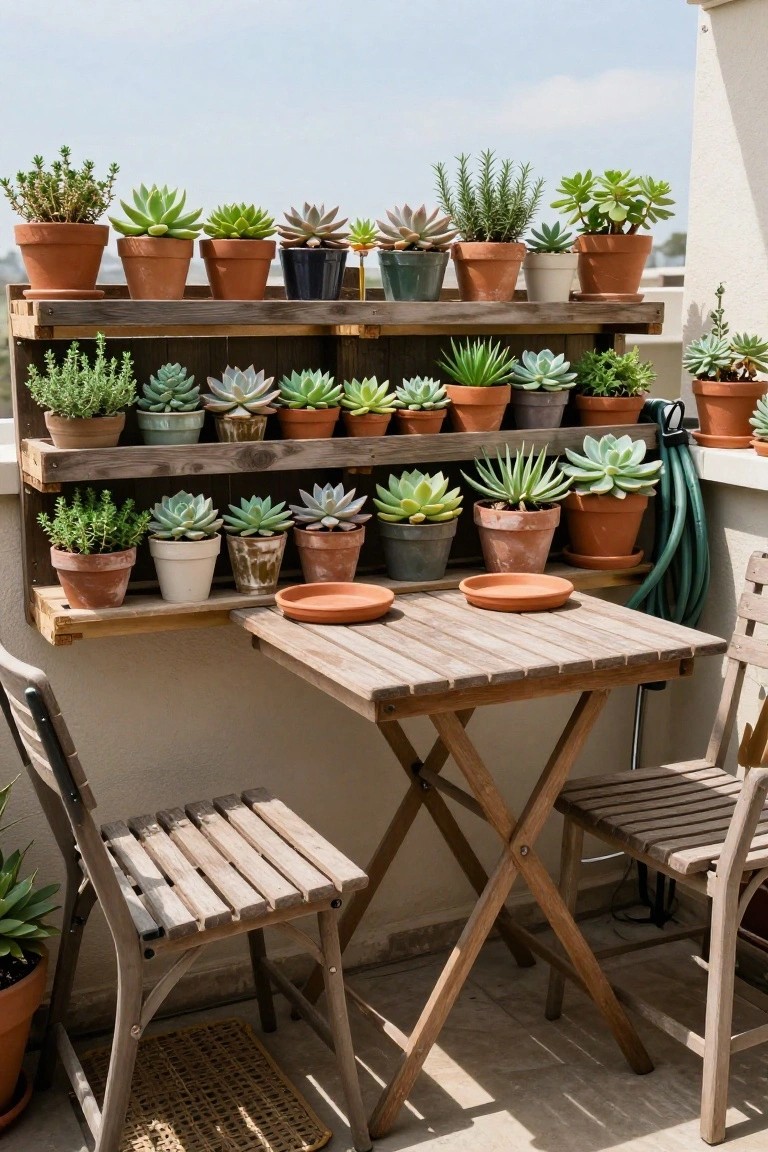 Multi-tiered wooden shelves of potted succulents beside folding table and chairs on patio
