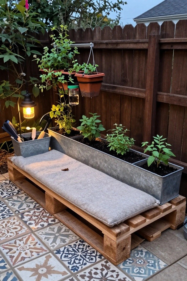A wooden pallet bench with a gray cushion holds long metal trough planters filled with soil and plants on a patterned outdoor patio.