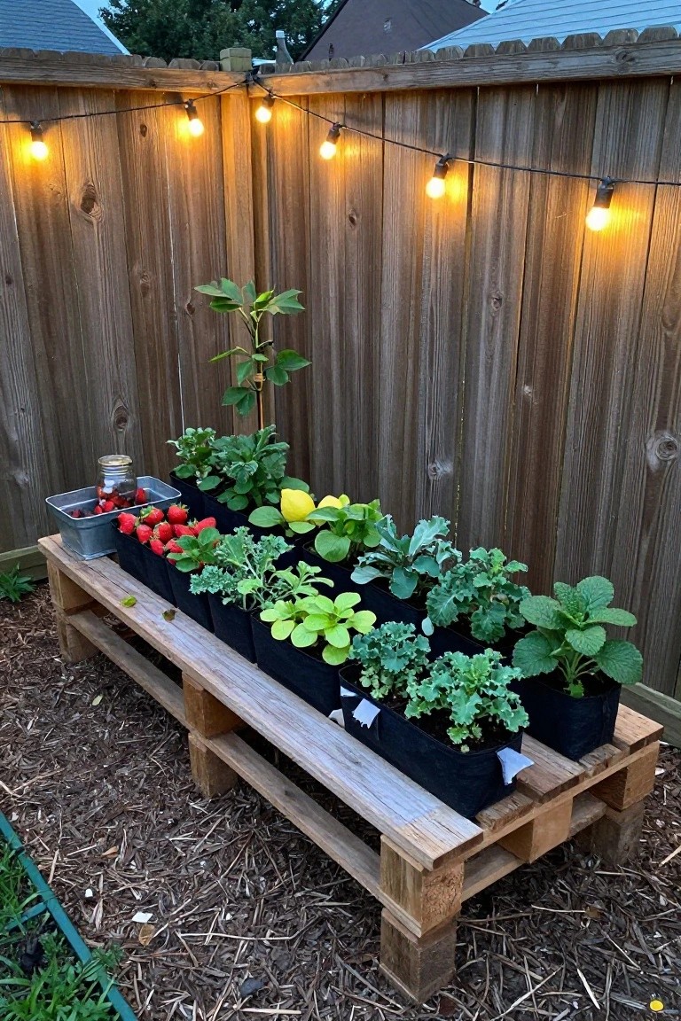 Wooden pallet with black fabric pots of kale, strawberries, and greens under string lights