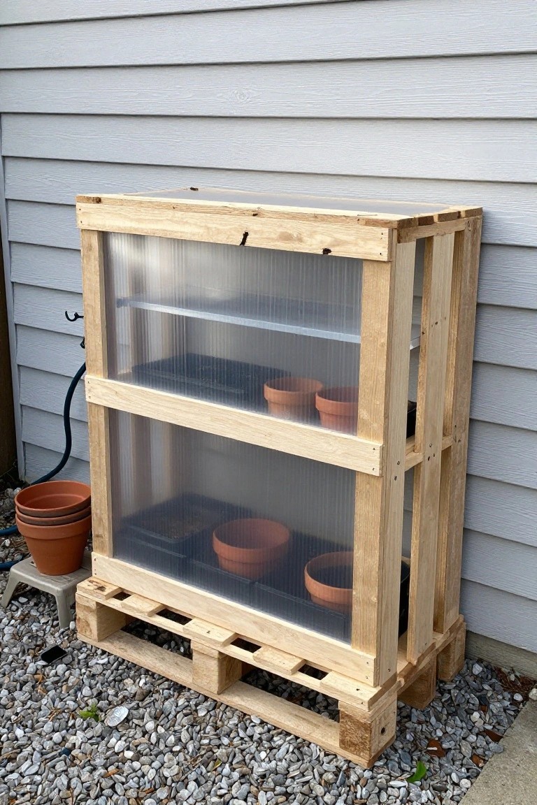 Wooden pallet frame covered with clear plastic sheeting used as outdoor shelving for plant trays and terracotta pots.