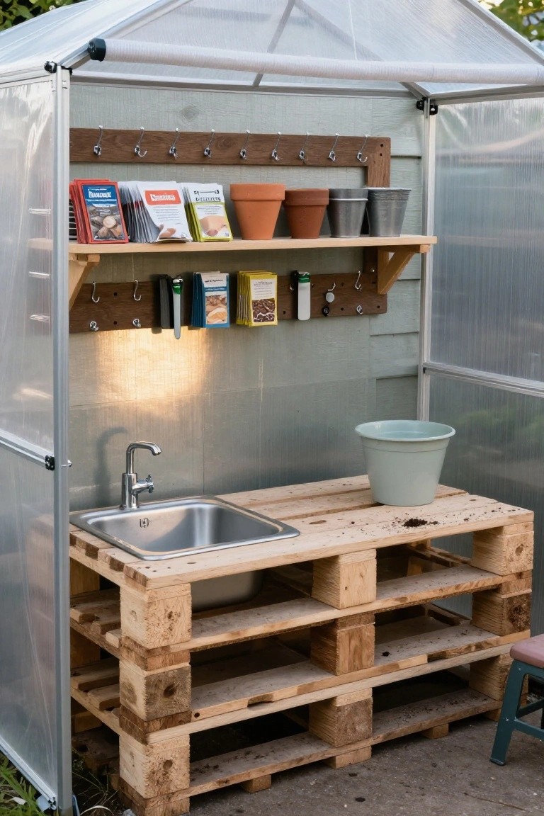 A wooden pallet potting bench with a metal sink inside a greenhouse, shelves holding seed packets and clay pots above it.