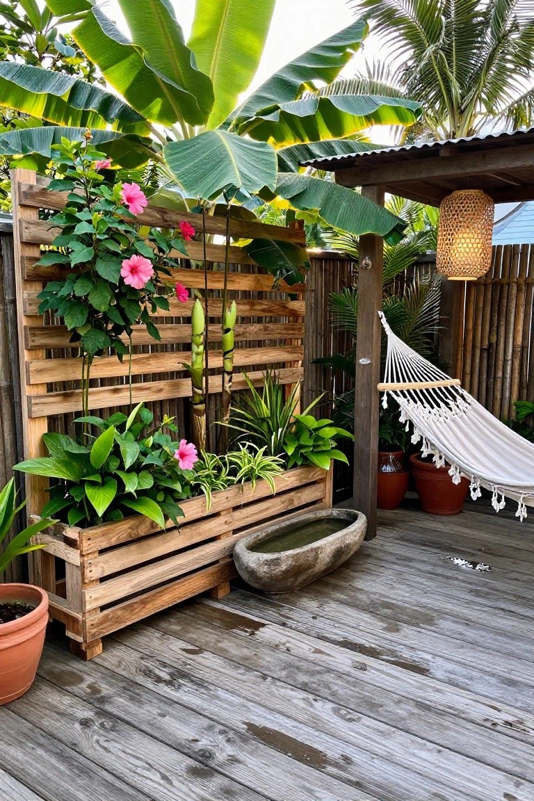 Wooden deck with vertical pallet planters, pink hibiscus flowers, white hammock, and stone basin