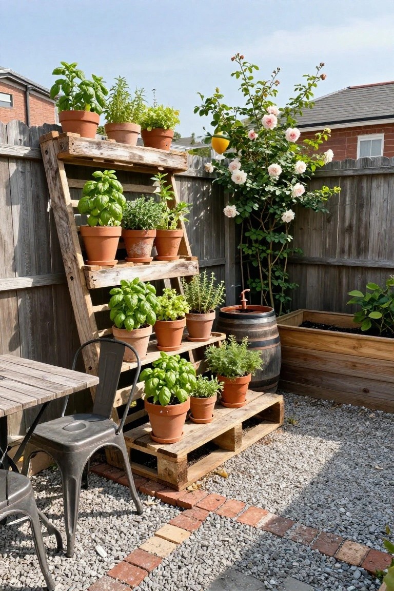 A backyard scene showing wooden pallets stacked and leaned to form multi-level stands filled with terracotta pots of herbs and plants, beside a wooden raised bed and a blooming rose bush.