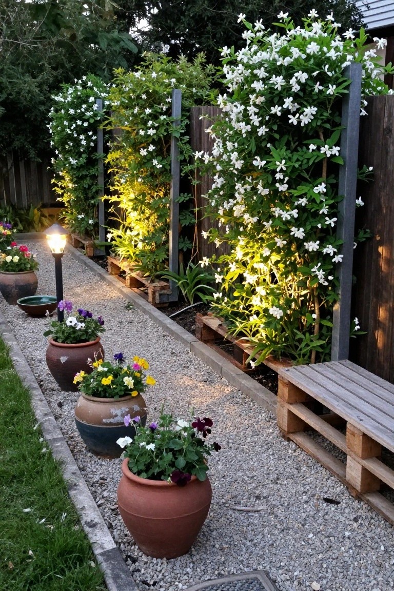 Garden path lined with terracotta pots of colorful flowers and white-flowered trellises.