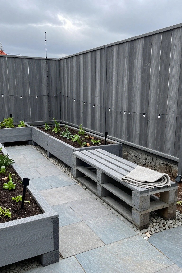 A small backyard with long gray wooden raised garden beds made from pallets, a matching pallet bench with a folded blanket, stone pavers, gravel paths, and string lights along a fence.