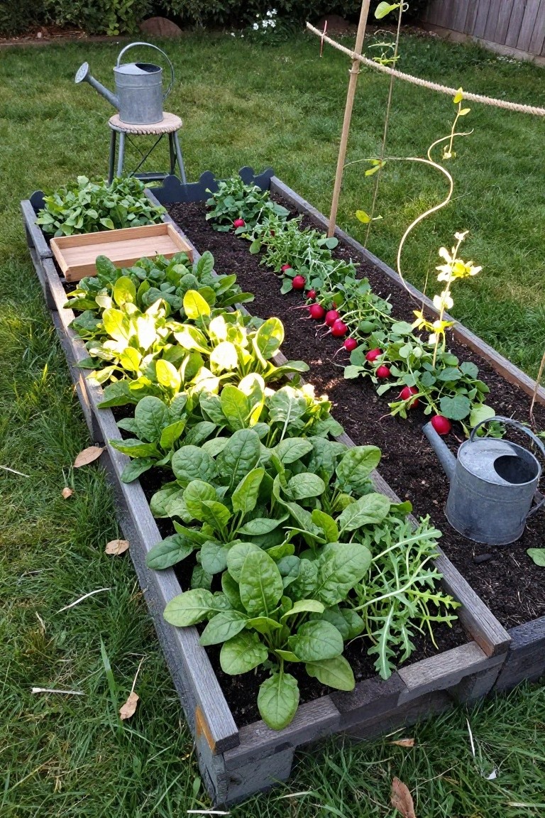 A rectangular raised garden bed made of dark wood, divided into sections growing spinach, radishes, and leafy greens, with two metal watering cans placed nearby on the lawn.