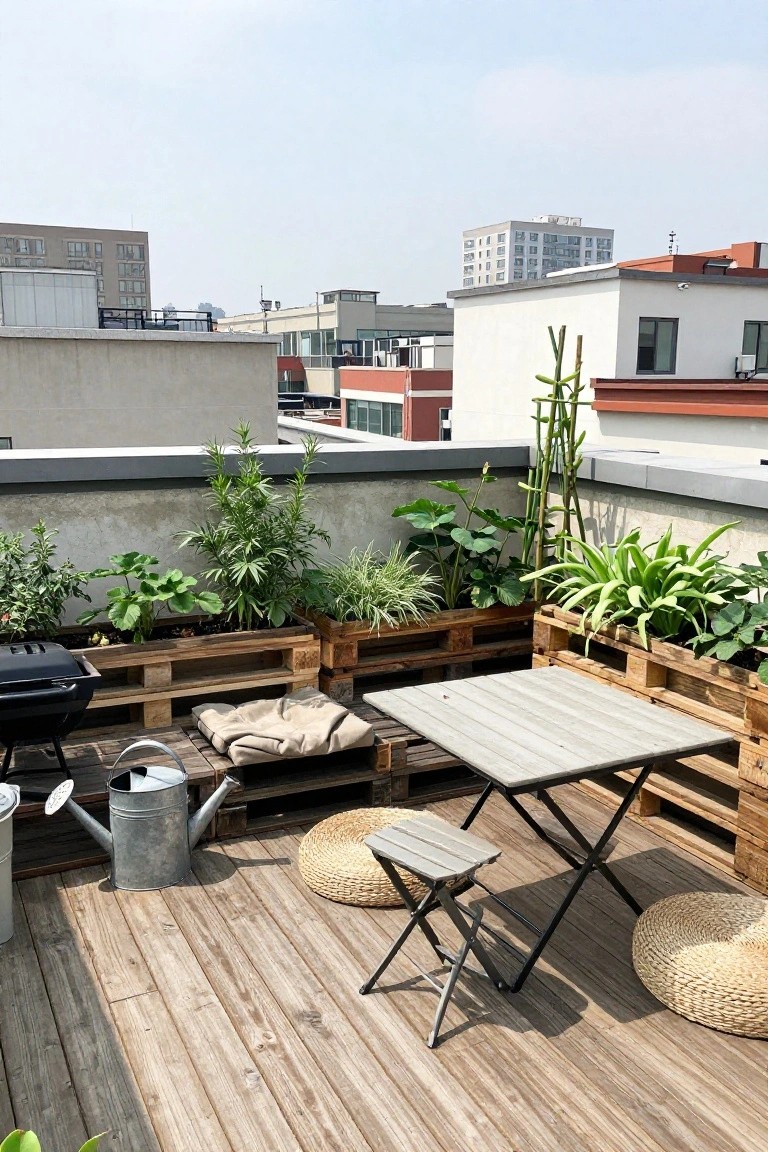 A rooftop deck with wooden pallet planters holding various green plants, a folding table with stools, a watering can, and woven mats on the floor.