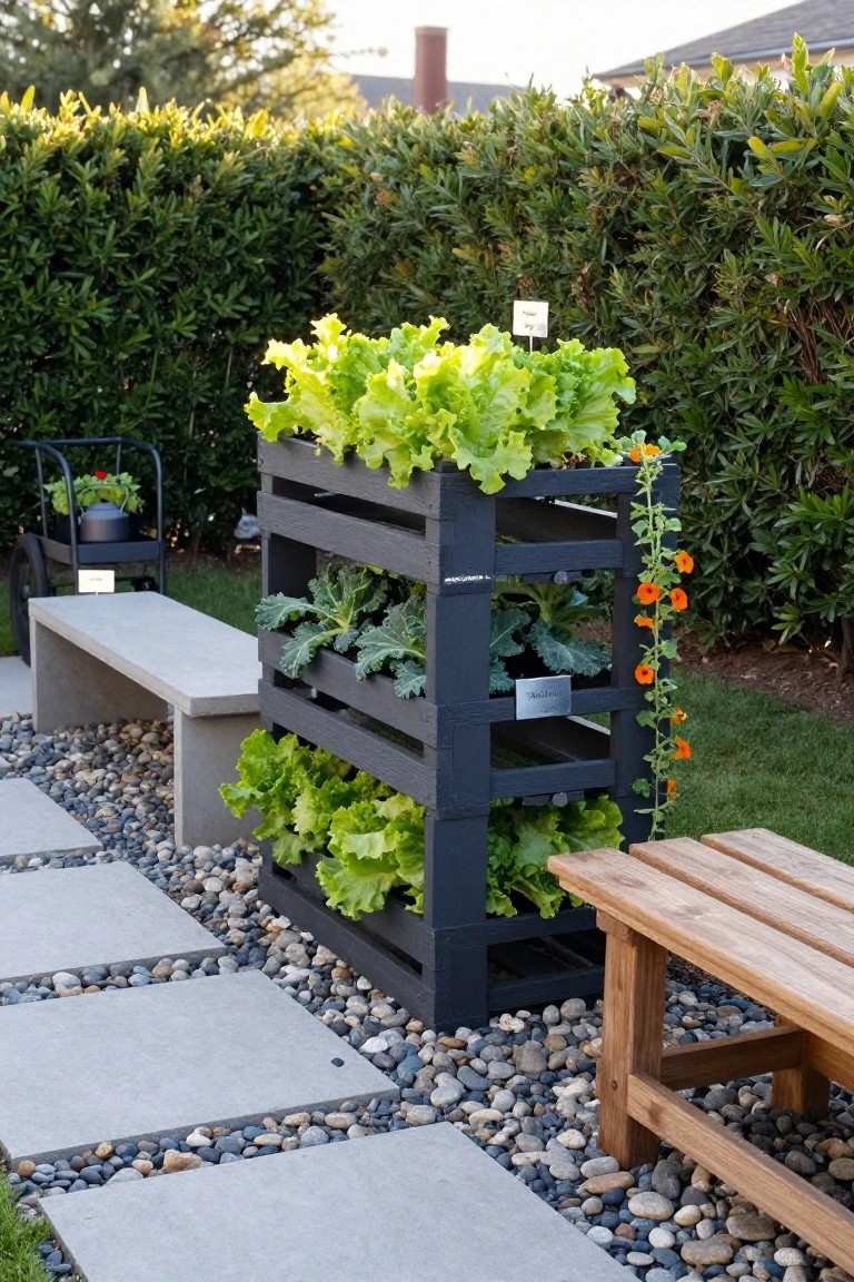 A dark wooden pallet planter stacked with multiple levels of green leafy vegetables sits on gravel between stone pavers and a wooden bench in a backyard garden.