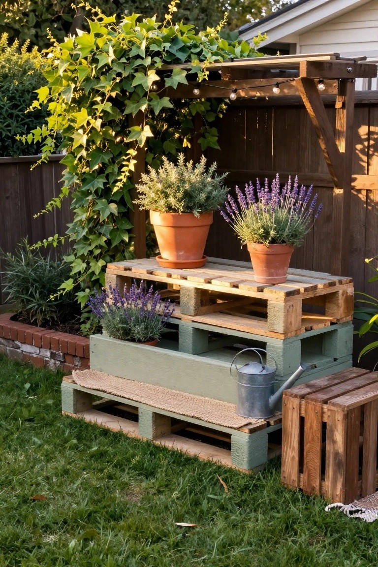 A light green painted wooden pallet structure with three tiers holds several terracotta pots of lavender and other plants in a backyard garden.