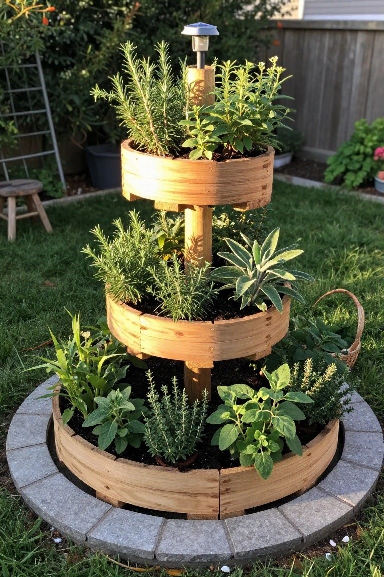 A three-tiered circular wooden planter filled with various herbs sits on a stone base in a backyard garden.