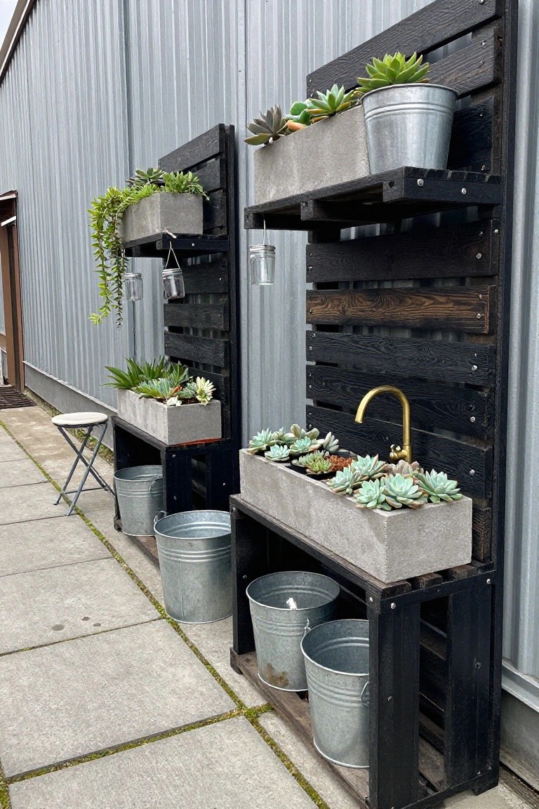 Black wooden pallets mounted vertically against a corrugated metal wall hold concrete planters with succulents and metal buckets on the ground below.