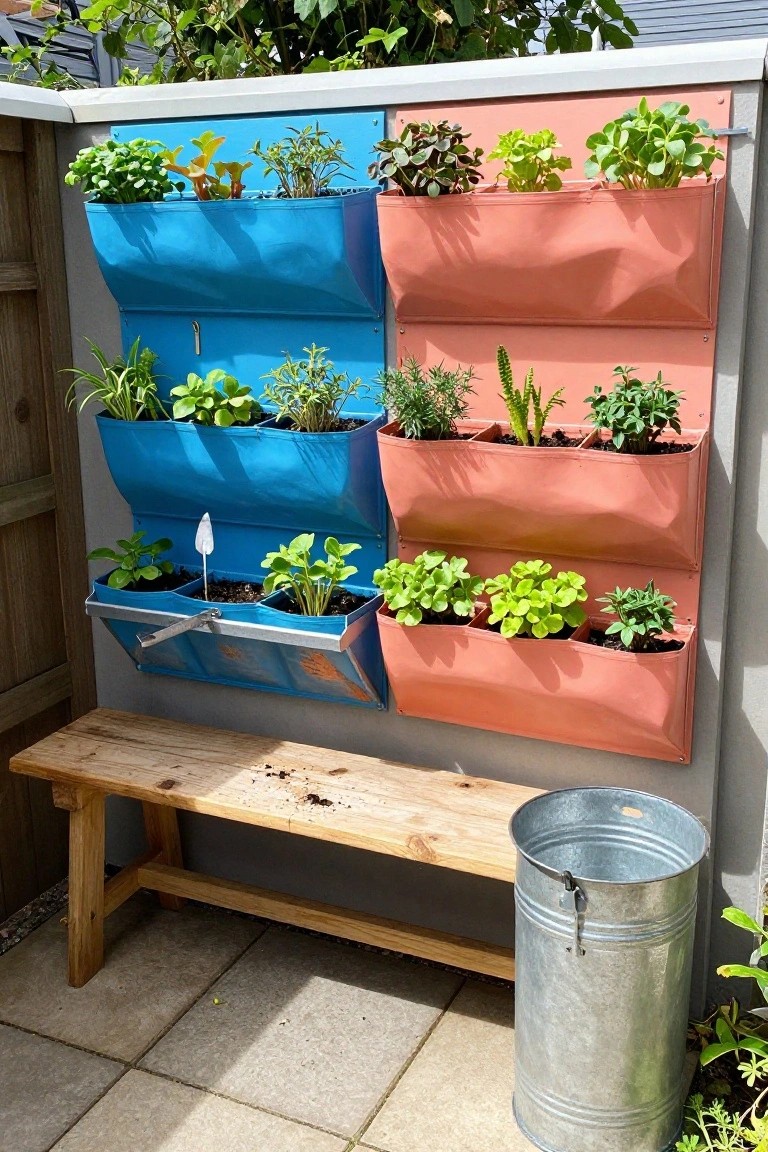 Colorful blue and coral metal wall planters filled with green plants mounted above a wooden bench on a paved outdoor area.