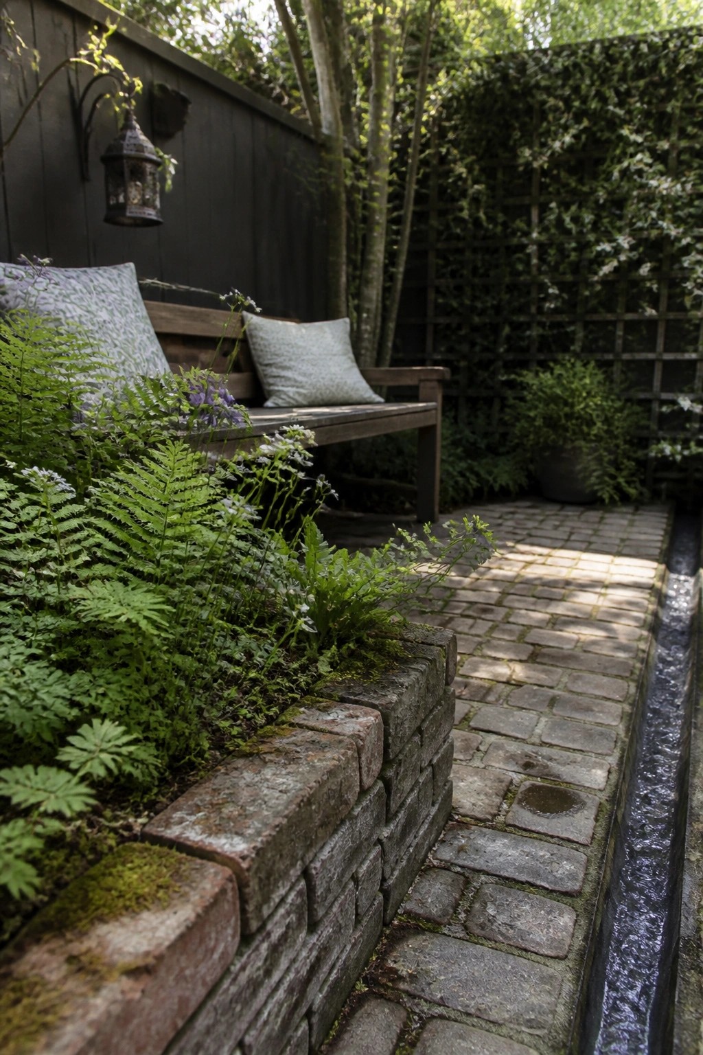 A brick-paved garden path bordered by a low brick bed filled with ferns and small flowering plants, next to a wooden bench.