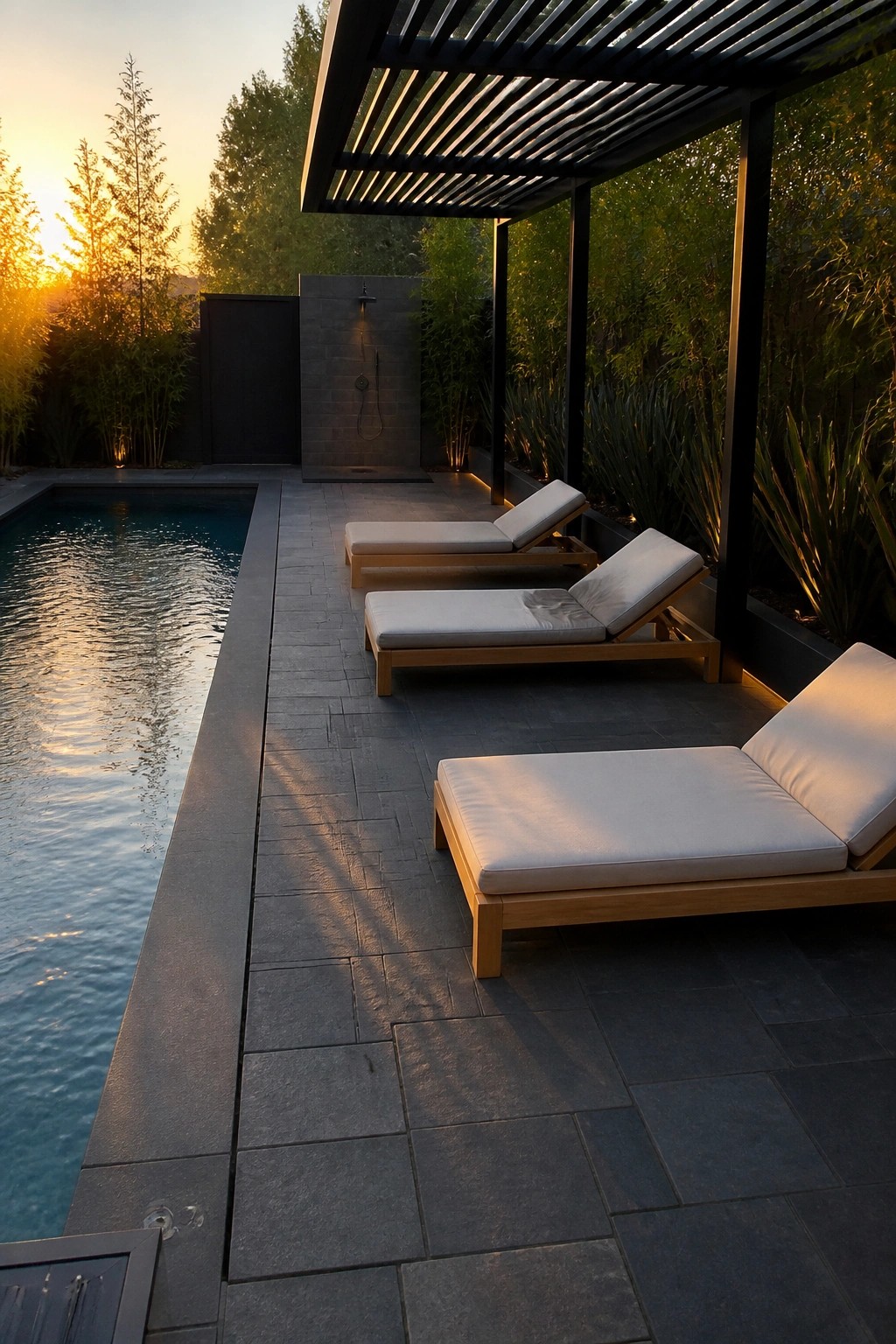 Three lounge chairs with white cushions beside pool under pergola at sunset