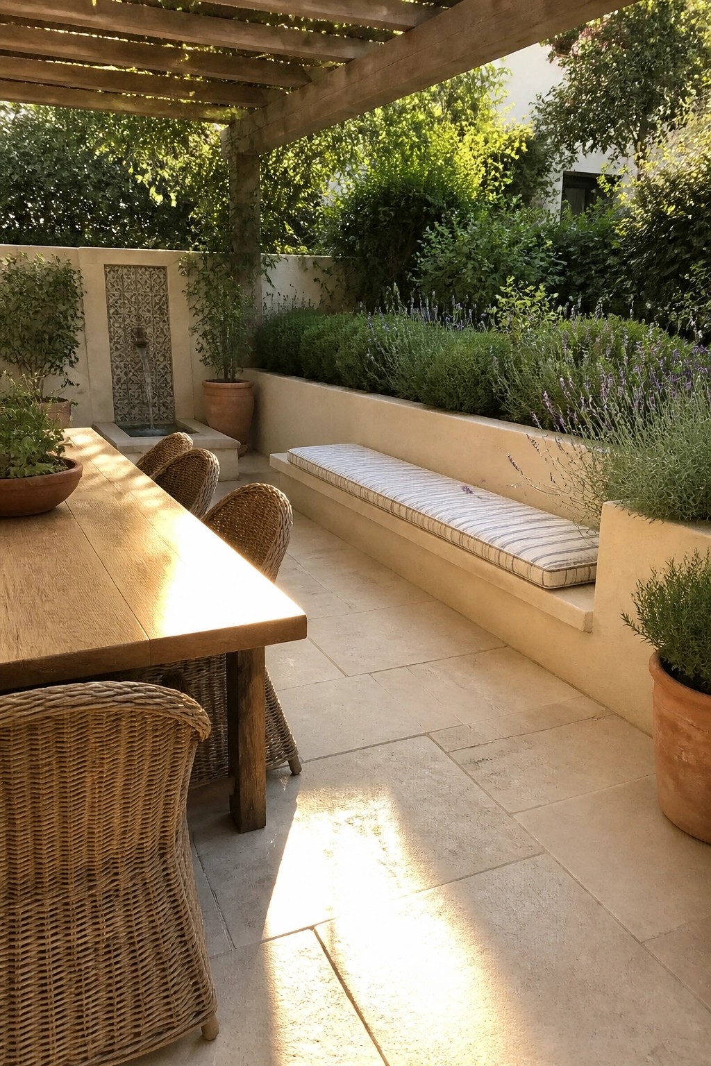 A long built-in bench with a striped cushion sits beneath a raised planting bed filled with lavender and shrubs on a stone patio.