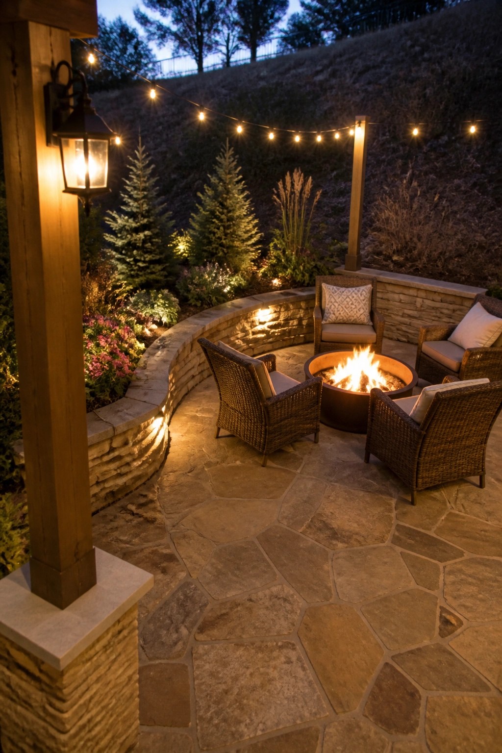 A stone patio with a circular fire pit, wicker chairs, and a curved built-in stone border wall holding plants and flowers behind the seating area.