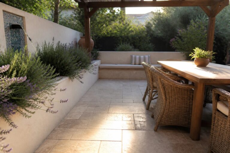 20 Fresh Patio Landscaping Ideas Using Built-In Border Beds A long built-in bench with a striped cushion sits beneath a raised planting bed filled with lavender and shrubs on a stone patio.